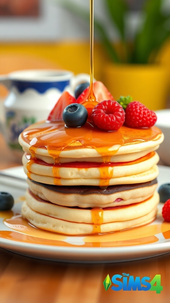 A stack of colorful pancakes topped with berries and syrup on a breakfast table.